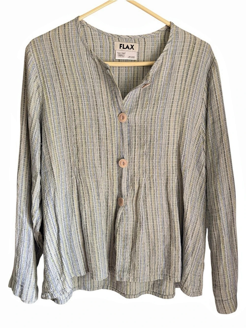 Flax Womens Linen Striped Blue Boxy Lagenlook Long Sleeve Button Up Top Size S